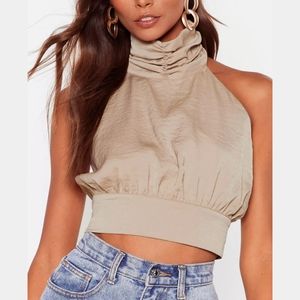 Nasty Gal beige satin halter, open back crop top